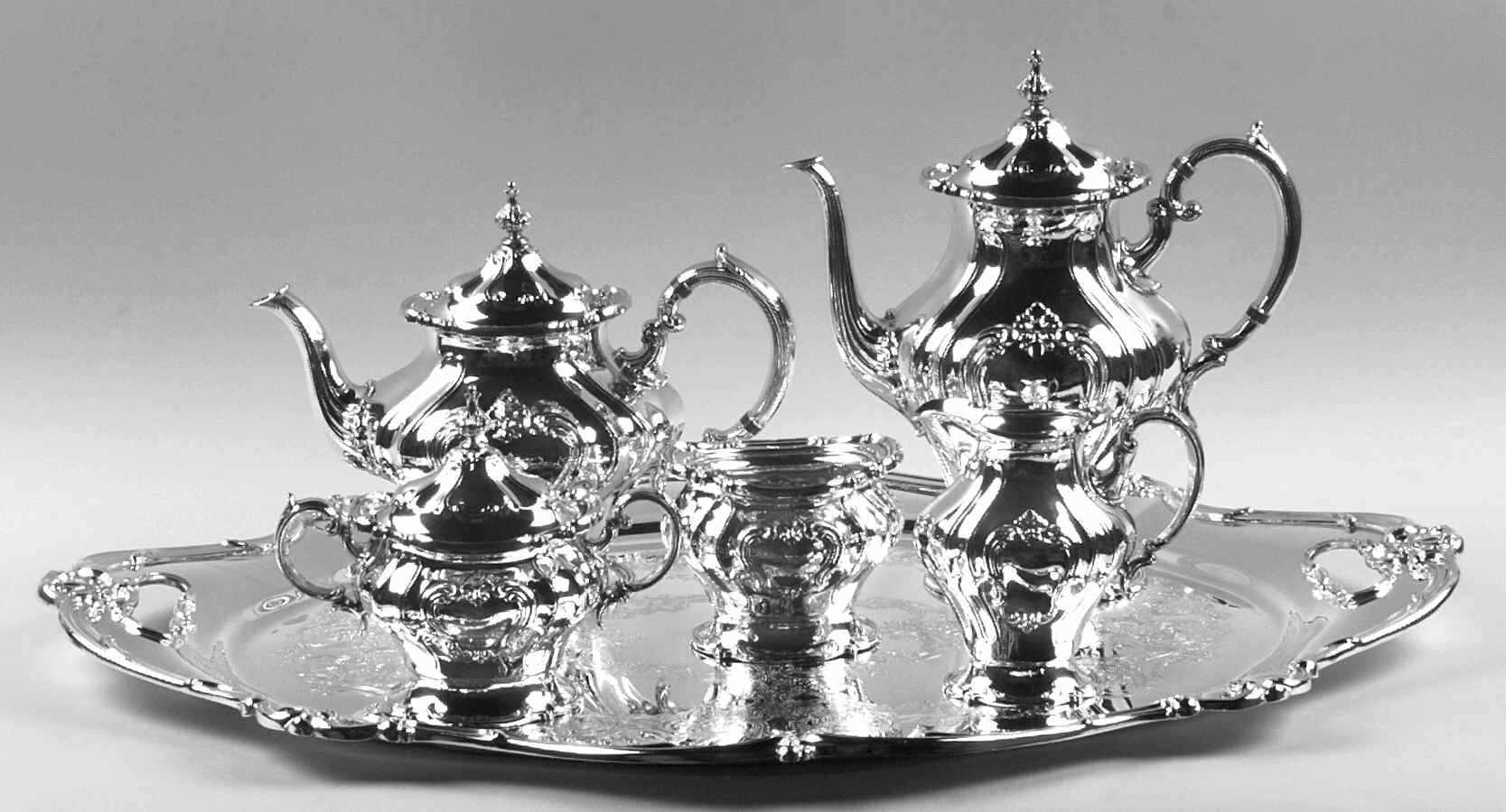 Chantilly (Silverplate, Hollowware, Older) 6-Piece Plated Tea Set (Waste & Tray) by Gorham Silver-1