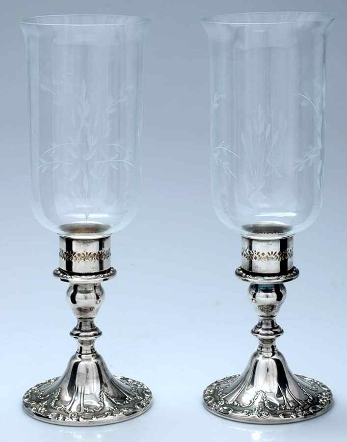 Chantilly (Silverplate, Hollowware, Older) Pair of Weighted Hurricane Lamp & Globe by Gorham Silver-1