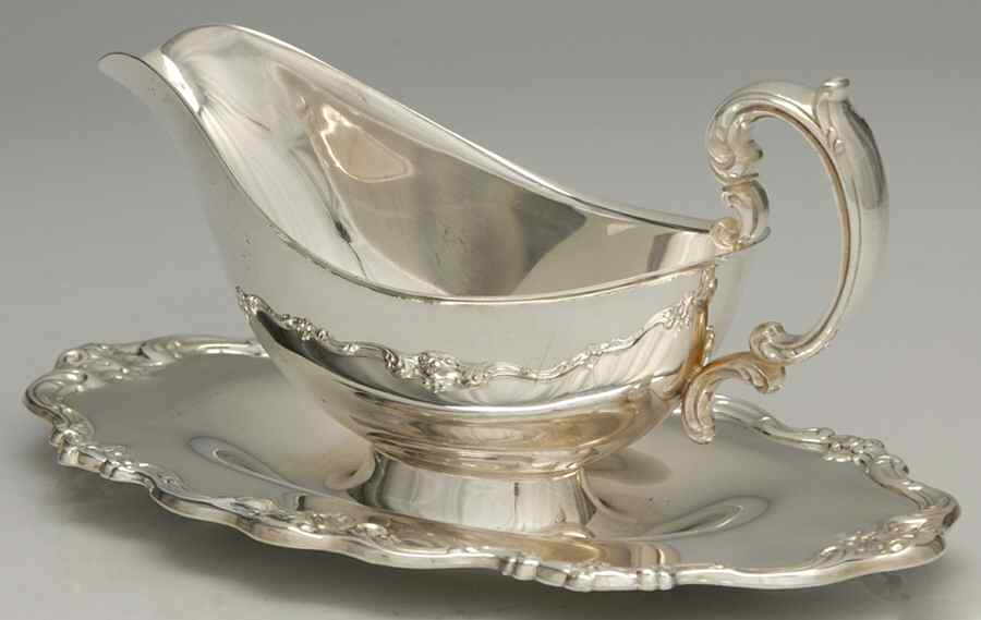 Chantilly (Silverplate, Hollowware, Older) Plated Gravy Boat with Attached Underplate by Gorham Silver-1