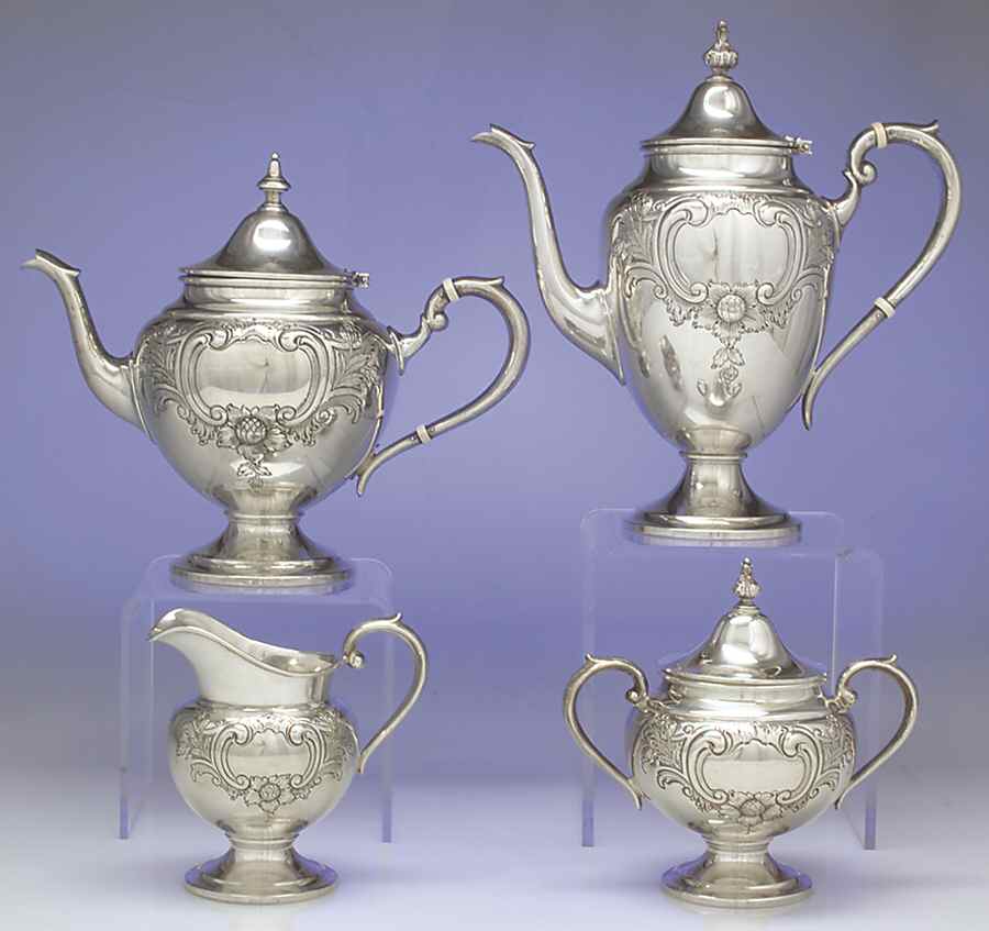 Puritan-Chased (Sterling Hollowware) 4 Piece Tea Set (SCP, STP, SCR, SSU) by Gorham Silver-1
