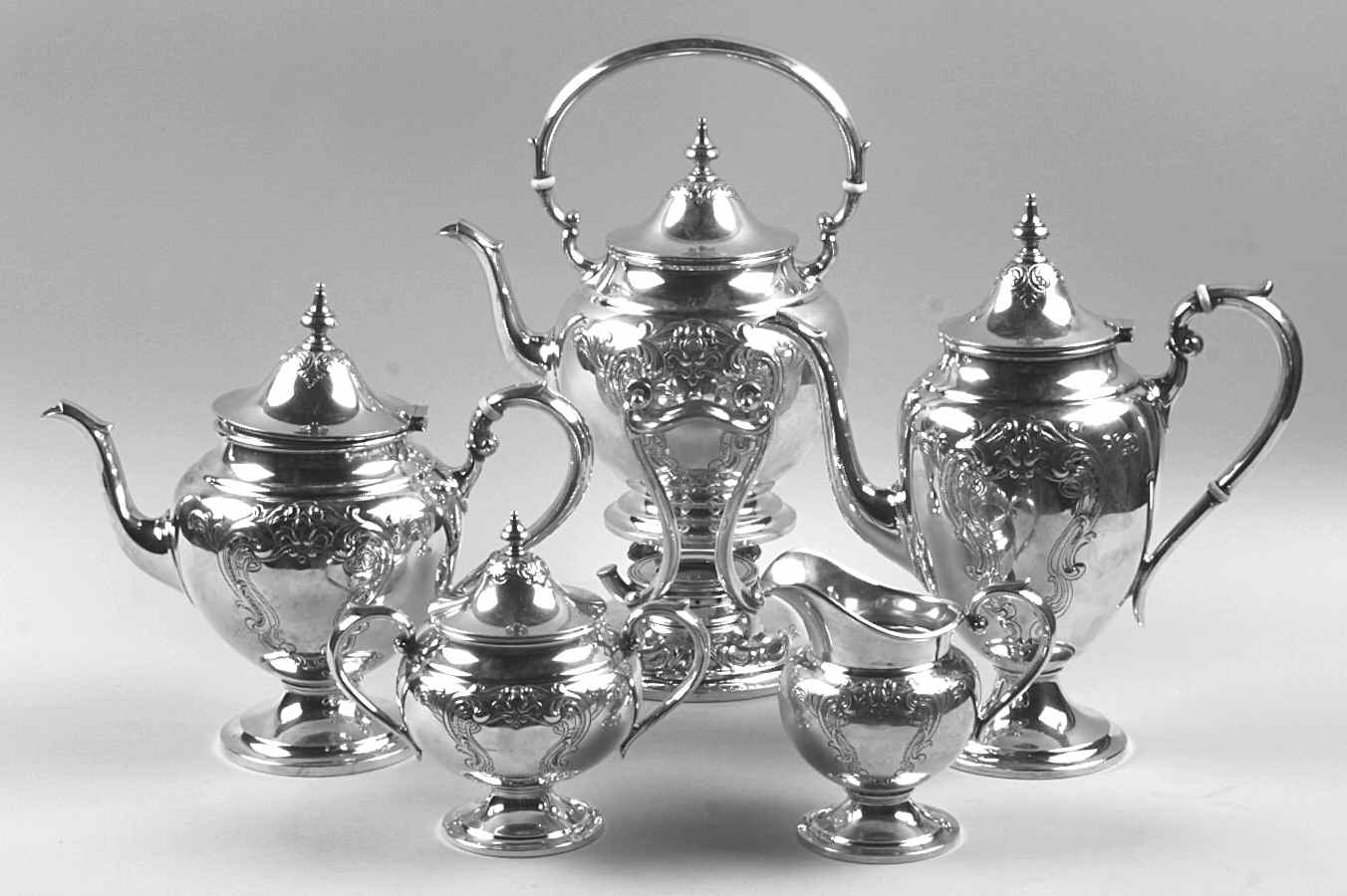 Puritan-Chased (Sterling Hollowware) 5 Piece Tea Set (SCP, STP, SCR, SSU, SKES) by Gorham Silver-1