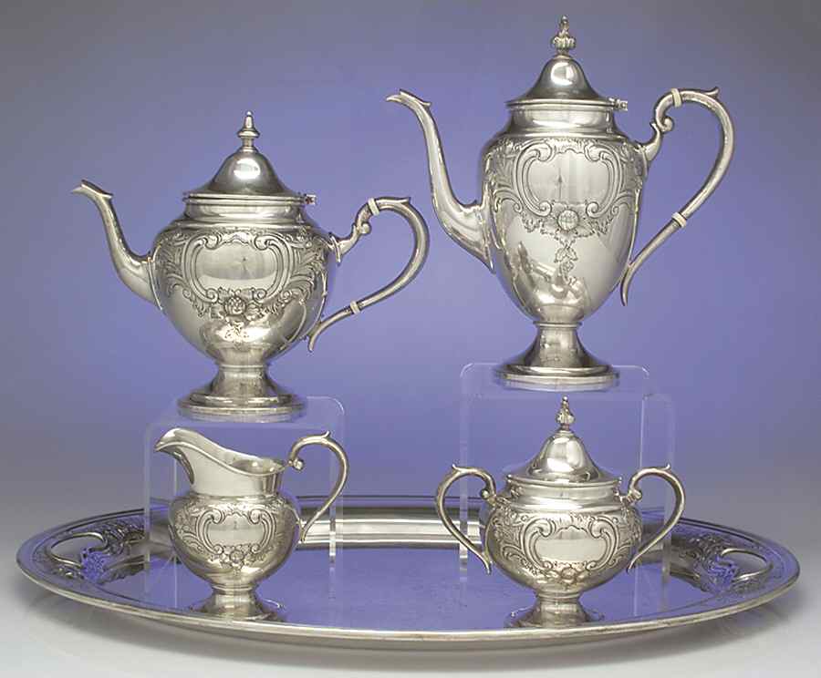 Puritan-Chased (Sterling Hollowware) 5 Piece Tea Set (SCP, STP, SCR, SSU,WT22C) by Gorham Silver-1