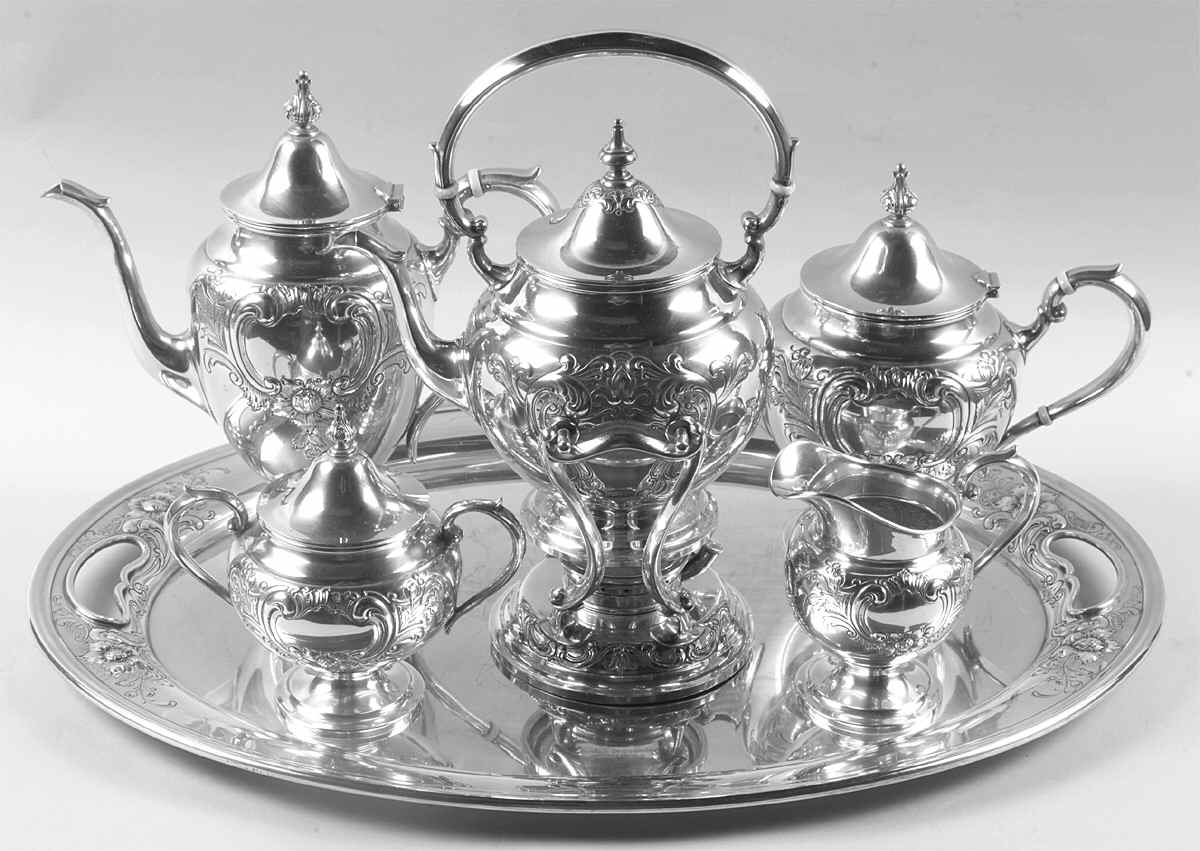 Puritan-Chased (Sterling Hollowware) 6 Piece Tea Set (SCP, STP, SCR, SSU, SKES & WT22C) by Gorham Silver-1
