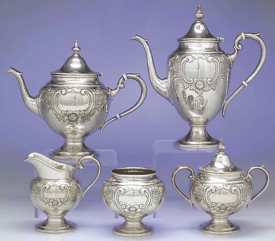 Puritan-Chased (Sterling Hollowware) 5 Piece Tea Set (SCP, STP, SCR, SSU, SWB) by Gorham Silver-1
