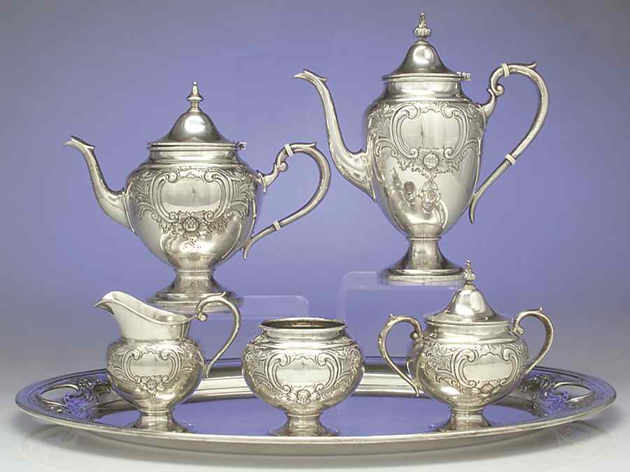 Puritan-Chased (Sterling Hollowware) 6 Piece Tea Set (SCP, STP, SCR, SSU, SWB & WT22C) by Gorham Silver-1
