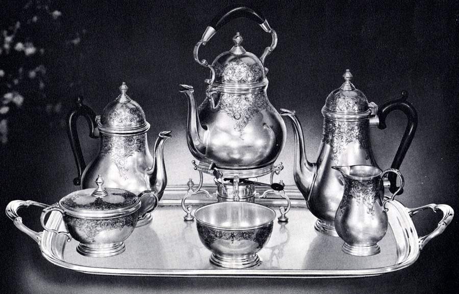 George I-Engraved (Sterling, Hollowware) 6 Piece Tea Set (SCP, STP, SCR, SSU, SWB, SKES) by Gorham Silver-1