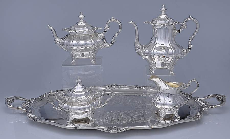Rosewood (Silverplate, Hollowware) 5-Piece Silverplate Tea Set (with Tray) by Gorham Silver-1