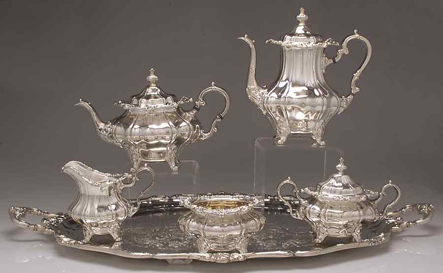 Rosewood (Silverplate, Hollowware) 6-Piece Plated Tea Set (Waste & Tray) by Gorham Silver-1