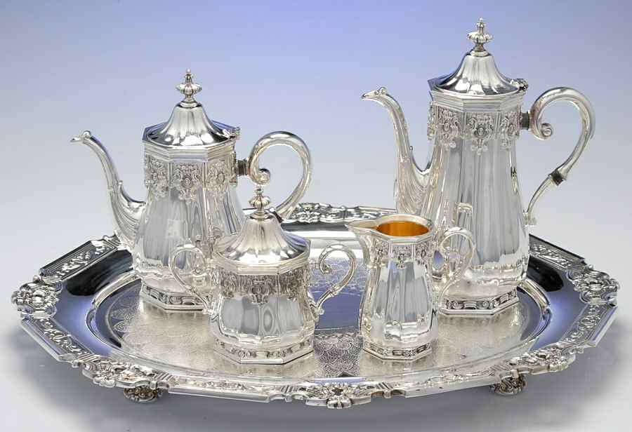 Hispana (Silverplate, Hollowware) 5-Piece Silverplate Tea Set (with Tray) by Gorham Silver-1