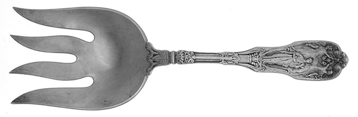 Mythologique (Strl, 1894, Old, BeadBorder, FaceBowl) Large Solid Fish Serving Fork by Gorham Silver-1