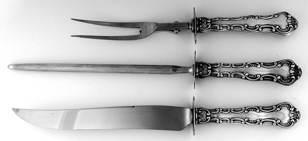 Strasbourg (Sterling, "Gorham", 1897) 3pc Large Roast Carving Set-Stnl w/Sterling Guard by Gorham Silver-1