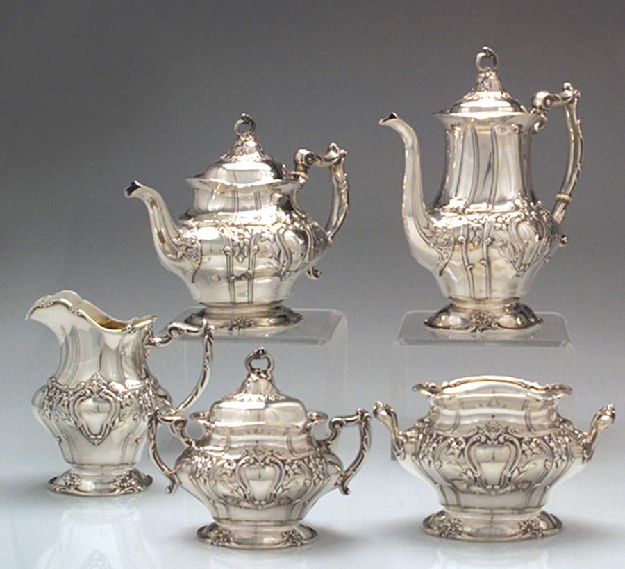 Chantilly-Floral (Sterling, Hollowware) 4 Piece Tea Set (SCP, STP, SCR, SSU) by Gorham Silver-1