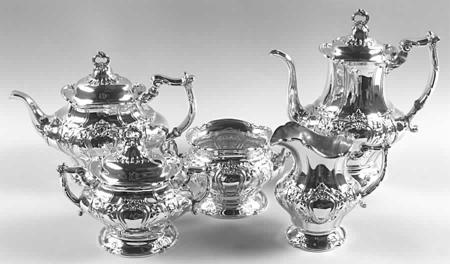 Chantilly-Floral (Sterling, Hollowware) 5 Piece Tea Set (SCP, STP, SCR, SSU, SWB) by Gorham Silver-1
