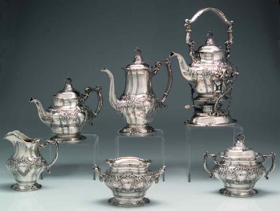 Chantilly-Floral (Sterling, Hollowware) 6 Piece Tea Set (CP1, TP1, CR1, SU1, WB1, KES1) by Gorham Silver-1