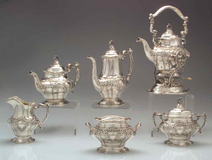 Chantilly-Floral (Sterling, Hollowware) 6 Piece Tea Set (SCP, STP, SCR, SSU, SWB, SKES) by Gorham Silver-1