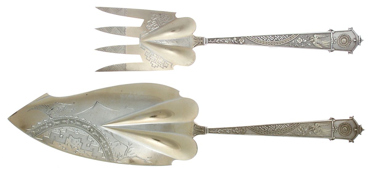 Japanese (Sterling, 1871) Large Solid, Bright Cut Fish Serving Set by Gorham Silver-1