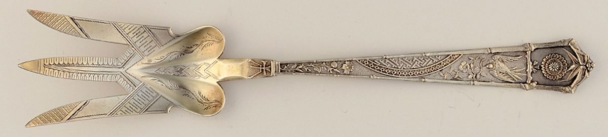 Japanese (Sterling, 1871) Salad Serving Fork, Bright Cut Solid Piece by Gorham Silver-1