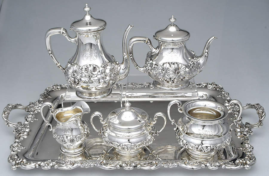 A3782 (Sterling, Hollowware) 6 Piece Tea Set (SCP, STP, SCR, SSU, SWB, WTL) by Gorham Silver-1