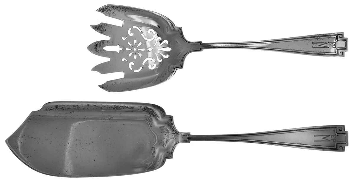 Etruscan (Sterling, 1913, Monograms) 2 Piece Large Solid Fish Serving Set by Gorham Silver-1
