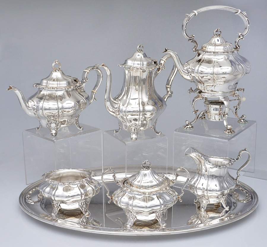 Strasbourg (Sterling, Hollowware, Newer) 7 Piece Tea Set (SCP, STP, SCR, SSU, SWB, SKES & WTL) by Gorham Silver-1