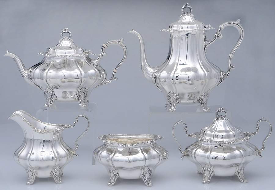 Strasbourg (Sterling, Hollowware, Newer) 5 Piece Tea Set (SCP, STP, SCR, SSU, SWB) by Gorham Silver-1