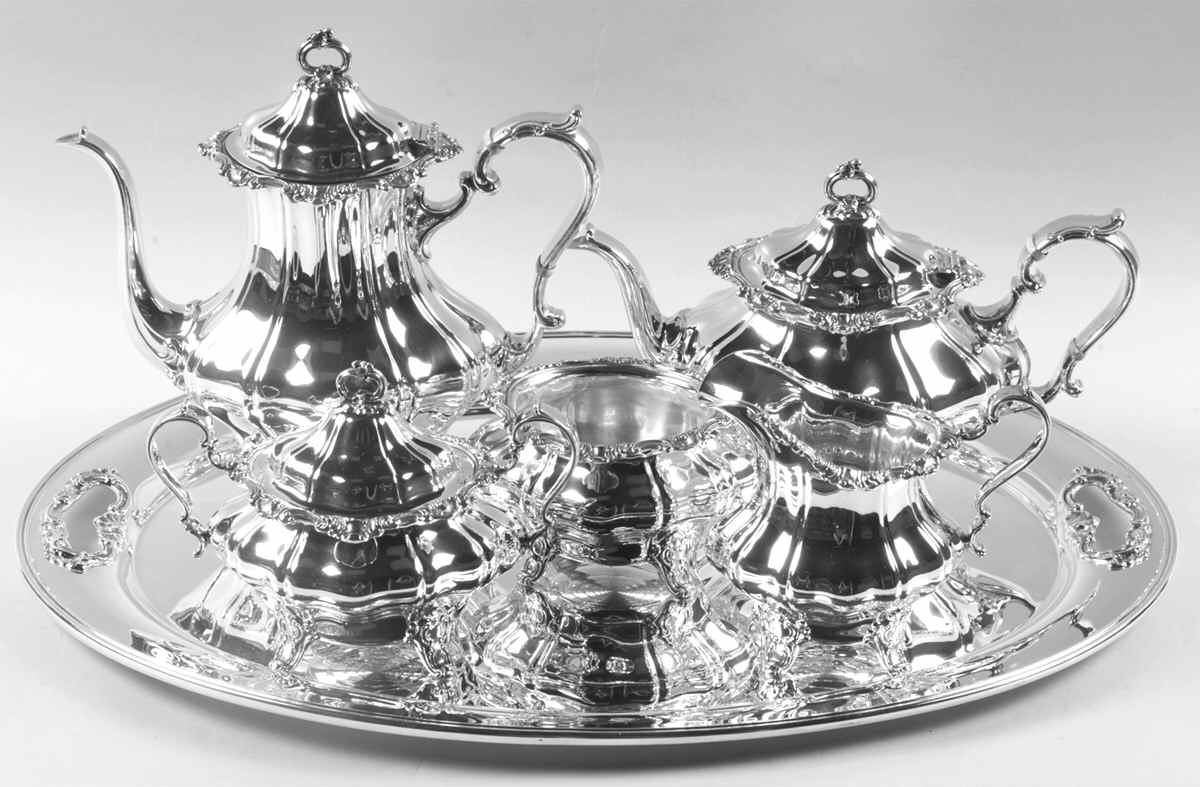 Strasbourg (Sterling, Hollowware, Newer) 6 Piece Tea Set (SCP, STP, SCR, SSU, SWB, WTL) by Gorham Silver-1