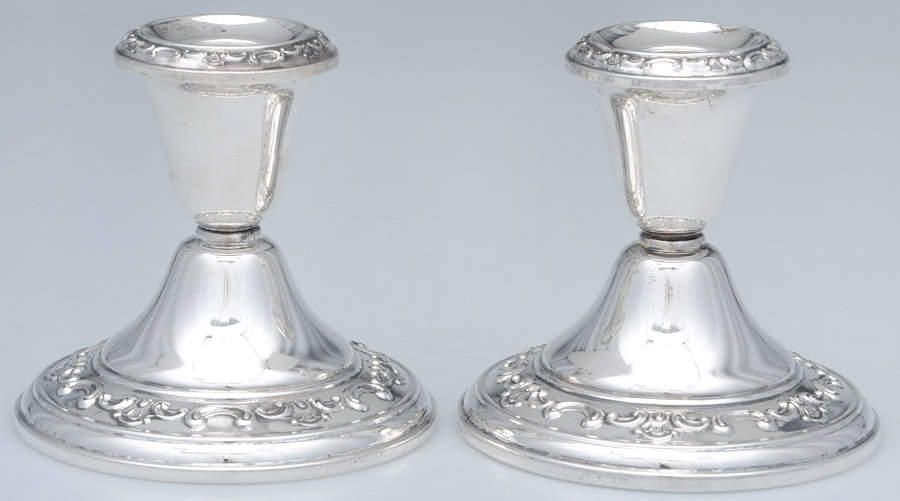 Strasbourg (Sterling, Hollowware, Older) Pair of Weighted Candleholders by Gorham Silver-1