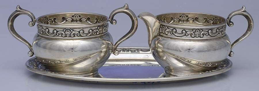 Strasbourg (Sterling, Hollowware, Older) Sterling Creamer, Open Sugar and Tray Set by Gorham Silver-1