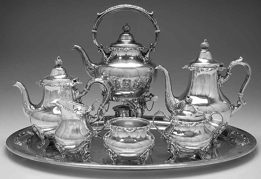 Strasbourg (Sterling, Hollowware, Older) 7 Piece Tea Set (SCP, STP, SCR, SSU, SWB, SKES & WTL) by Gorham Silver-1
