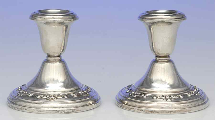 Strasbourg (Sterling, Hollowware, Older) Pair of Weighted Candleholders by Gorham Silver-1