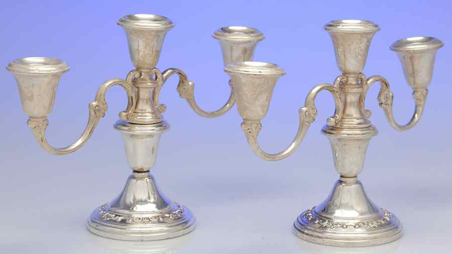 Strasbourg (Sterling, Hollowware, Older) Pair of 7" 3 Light Candelabras by Gorham Silver-1