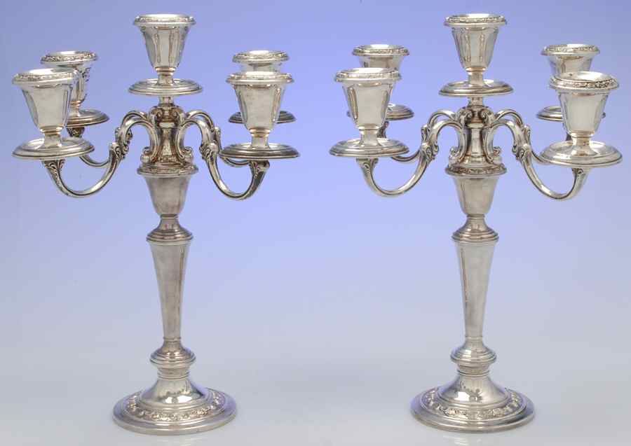 Strasbourg (Sterling, Hollowware, Older) Pair of Weighted 5 Light Candelabra by Gorham Silver-1