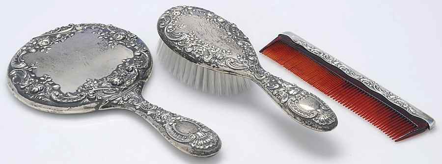 Dresden Rose (Sterling, Hollowware) 3 Pc Vanity Set (SHBM1,COM1,MIRM1) by Gorham Silver-1