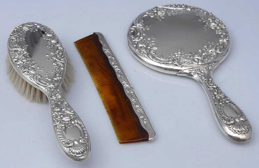 Dresden Rose (Sterling, Hollowware) 3-Piece Vanity Set (Brush, Comb and Mirror) by Gorham Silver-1