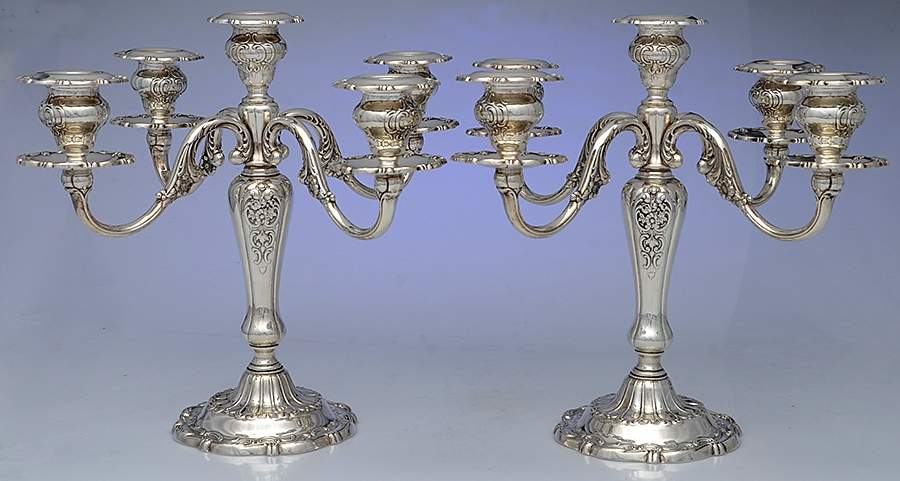 Louis XV (Sterling, Hollowware, Newer, Scroll Edge) Pair of Weighted 5 Light Candelabra by Gorham Silver-1
