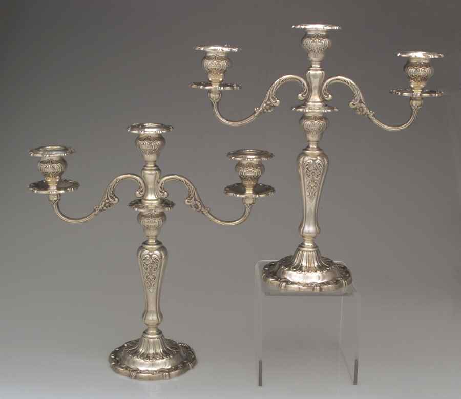 Louis XV (Sterling, Hollowware, Newer, Scroll Edge) Pair of Weighted 3 Light Candelabra by Gorham Silver-1