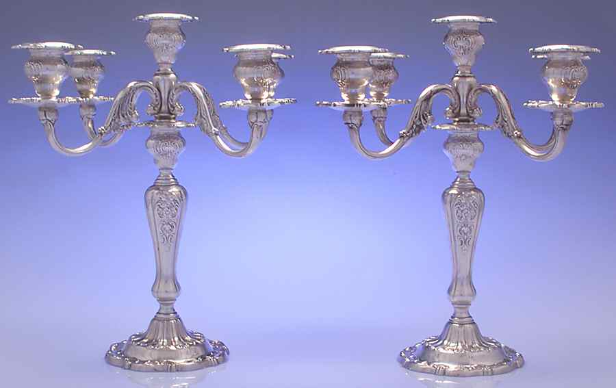 Louis XV (Sterling, Hollowware, Newer, Scroll Edge) Pair of Weighted 5 Light Candelabra by Gorham Silver-1