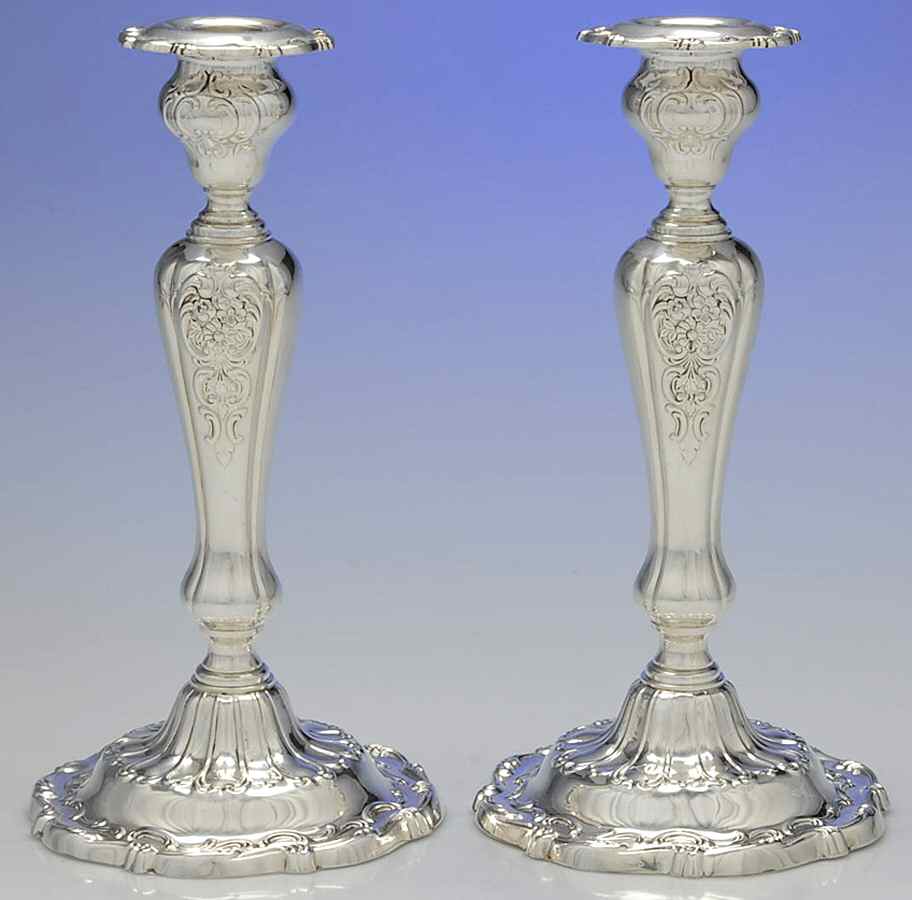 Louis XV (Sterling, Hollowware, Newer, Scroll Edge) Pair of Weighted Candlesticks by Gorham Silver-1