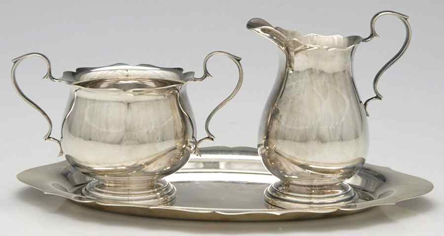 Sterling Hollowware Creamer, Open Sugar & Tray Set by Graff Washbourn & Dunn-1
