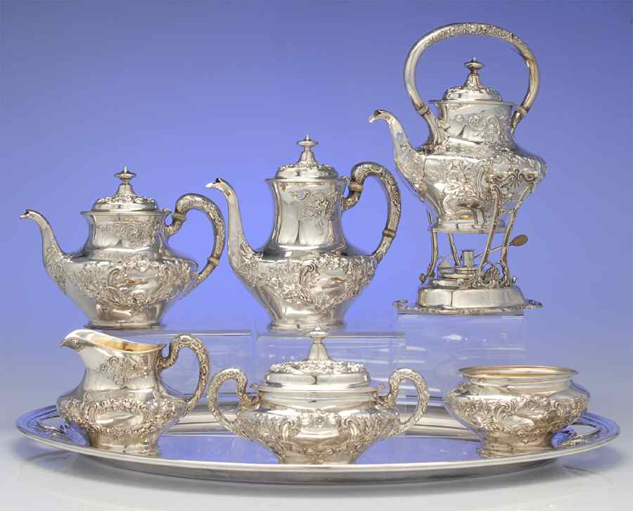 Buttercup (Sterling, Hollowware) 7 Piece Tea Set (SCP, STP, SCR, SSU, SWB, SKES & WTL) by Gorham Silver-1