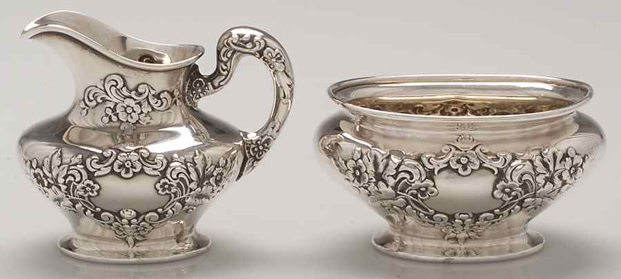 Buttercup (Sterling, Hollowware) Mini Sterling Creamer and Open Sugar by Gorham Silver-1