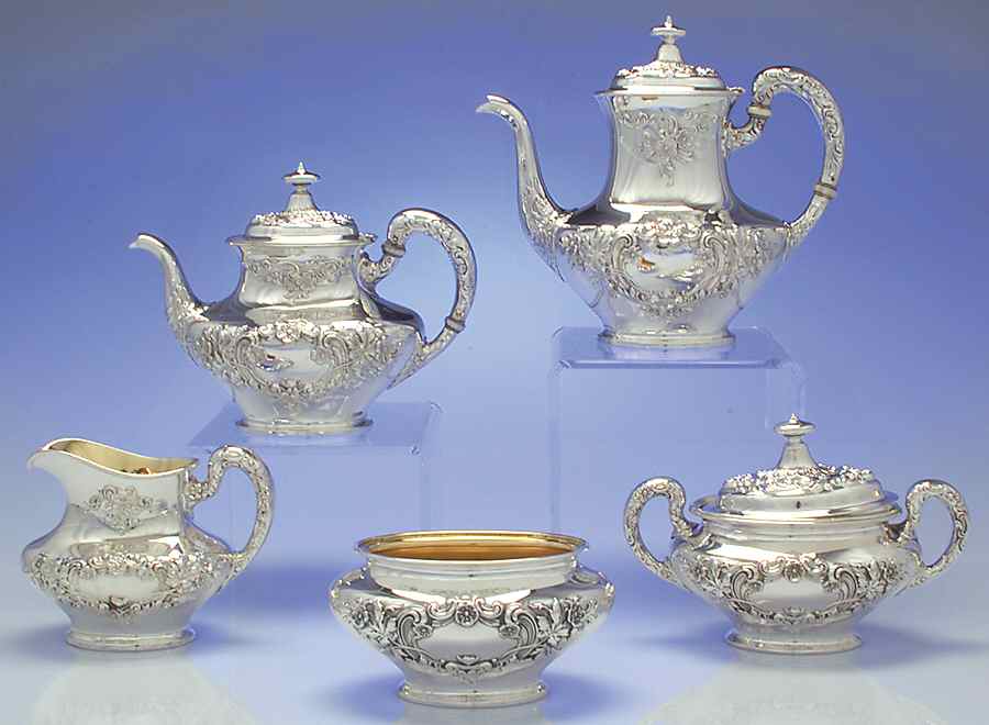 Buttercup (Sterling, Hollowware) 5 Piece Tea Set (SCP, STP, SCR, SSU, SWB) by Gorham Silver-1
