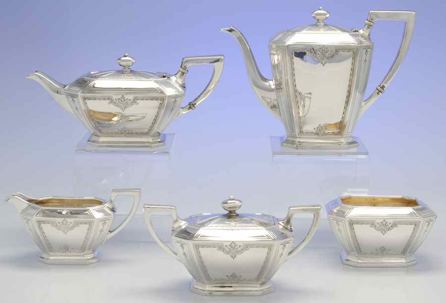 Colfax (Sterling, Hollowware) 5 Piece Tea Set (SCP, STP, SCR, SSU, SWB) by Gorham Silver-1