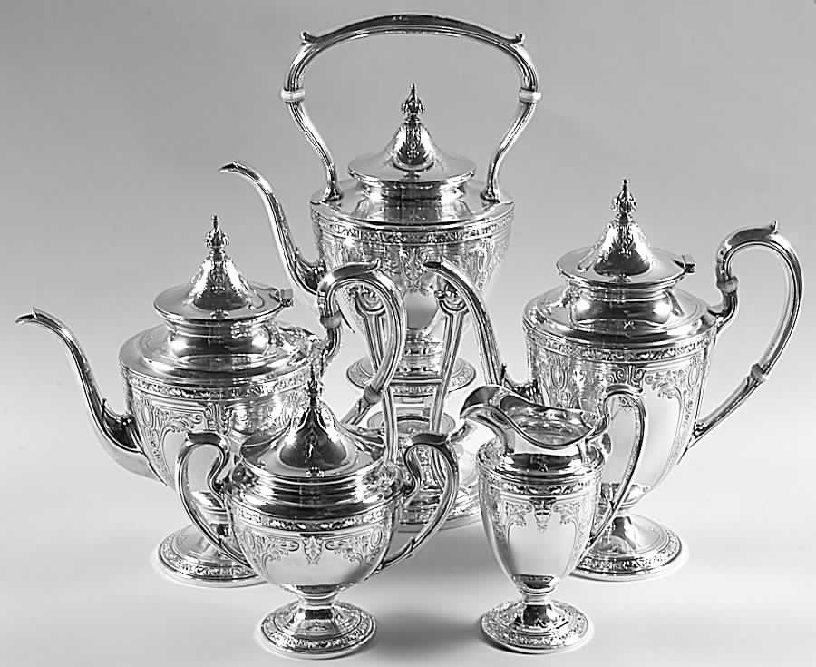 Cinderella (Sterling, Hollowware) 5 Piece Tea Set (SCP, STP, SCR, SSU, SKES) by Gorham Silver-1