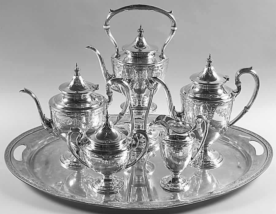 Cinderella (Sterling, Hollowware) 6 Piece Tea Set (SCP, STP, SCR, SSU, SKES, WTL) by Gorham Silver-1