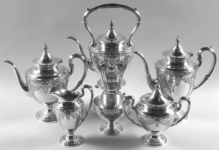 Cinderella (Sterling, Hollowware) 6 Piece Tea Set (SCP, STP, SCR, SSU, SWB, SKES) by Gorham Silver-1