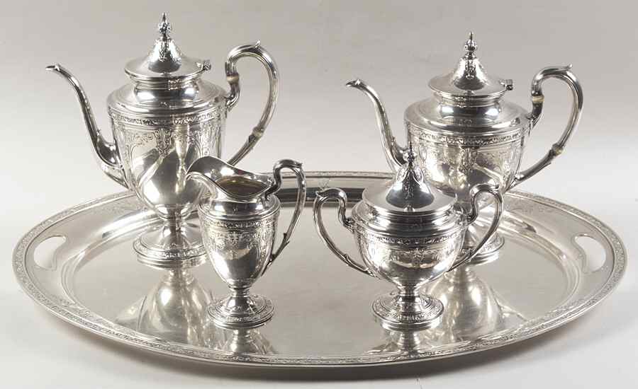 Cinderella (Sterling, Hollowware) 5 Piece Tea Set (SCP, STP, SCR, SSU, WTL) by Gorham Silver-1