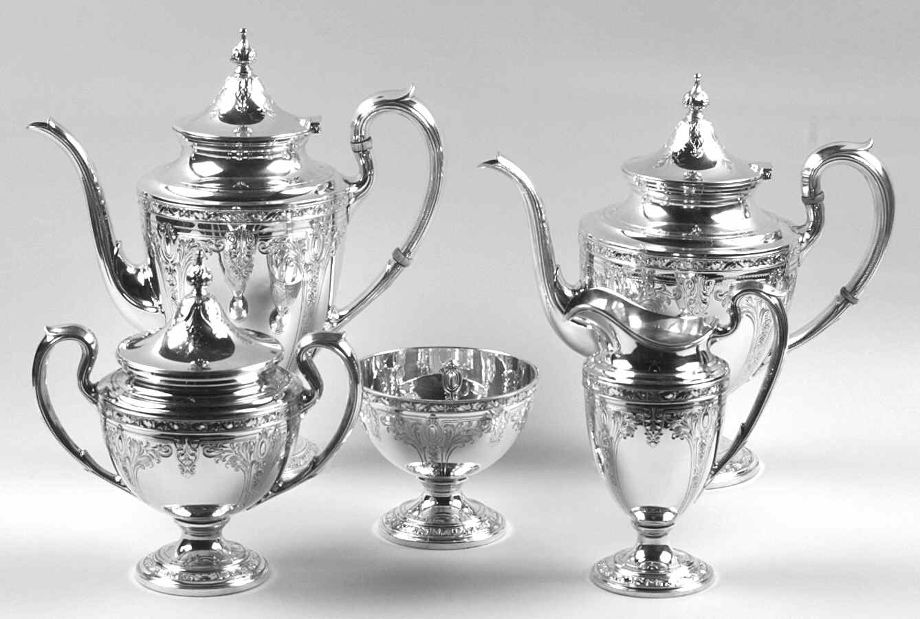 Cinderella (Sterling, Hollowware) 5 Piece Tea Set (SCP, STP, SCR, SSU, SWB) by Gorham Silver-1