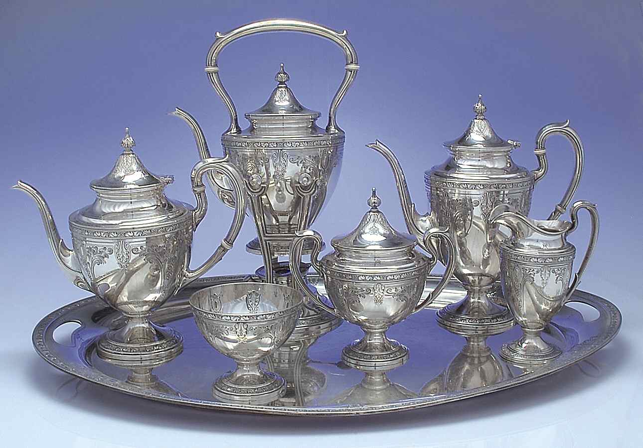 Cinderella (Sterling, Hollowware) 7 Piece Tea Set (SCP, STP, SCR, SSU, SWB, SKES & WTL) by Gorham Silver-1