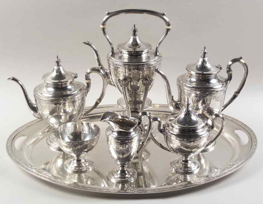 Cinderella (Sterling, Hollowware) 6 Piece Tea Set (SCP, STP, SCR, SSU, SWB, WTL) by Gorham Silver-1